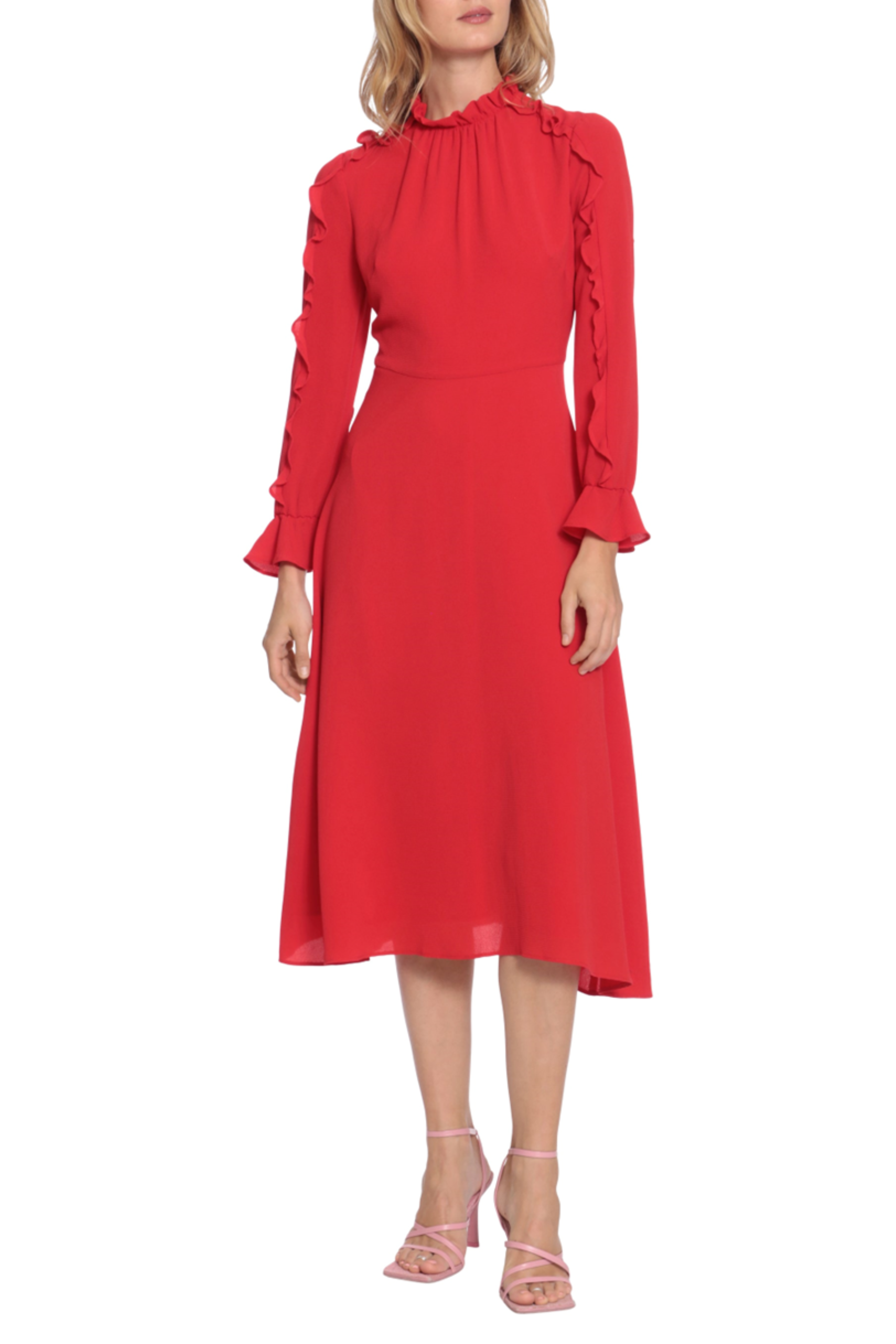 Cherry Mock Neck Ruffle Long Sleeve A-line Midi Dress by Donna Morgan D7647M