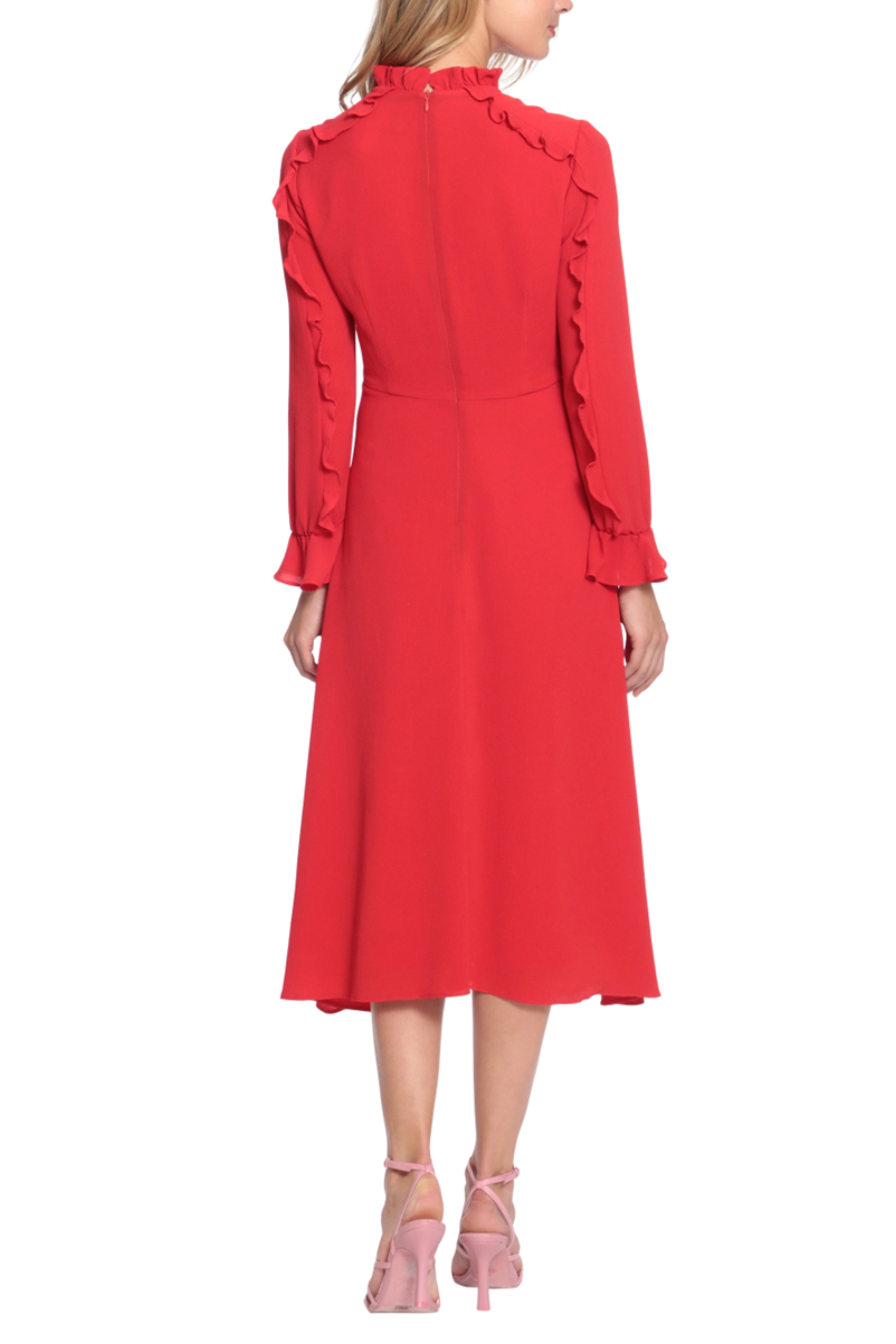Cherry Mock Neck Ruffle Long Sleeve A-line Midi Dress by Donna Morgan D7647M