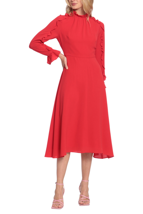 Cherry Mock Neck Ruffle Long Sleeve A-line Midi Dress by Donna Morgan D7647M