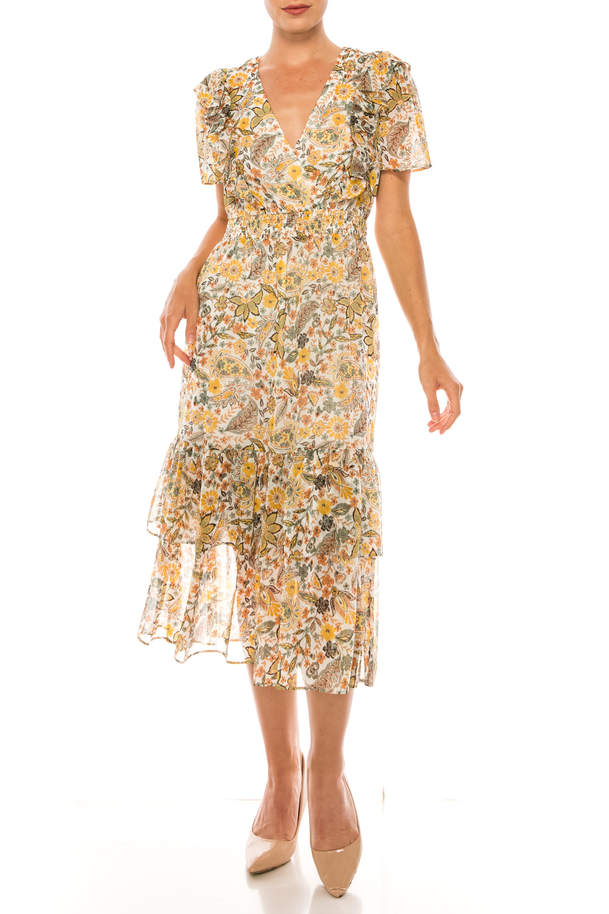Orange Multi Floral Print Short Sleeve Midi A-Line Dress by Donna Morgan D7662M