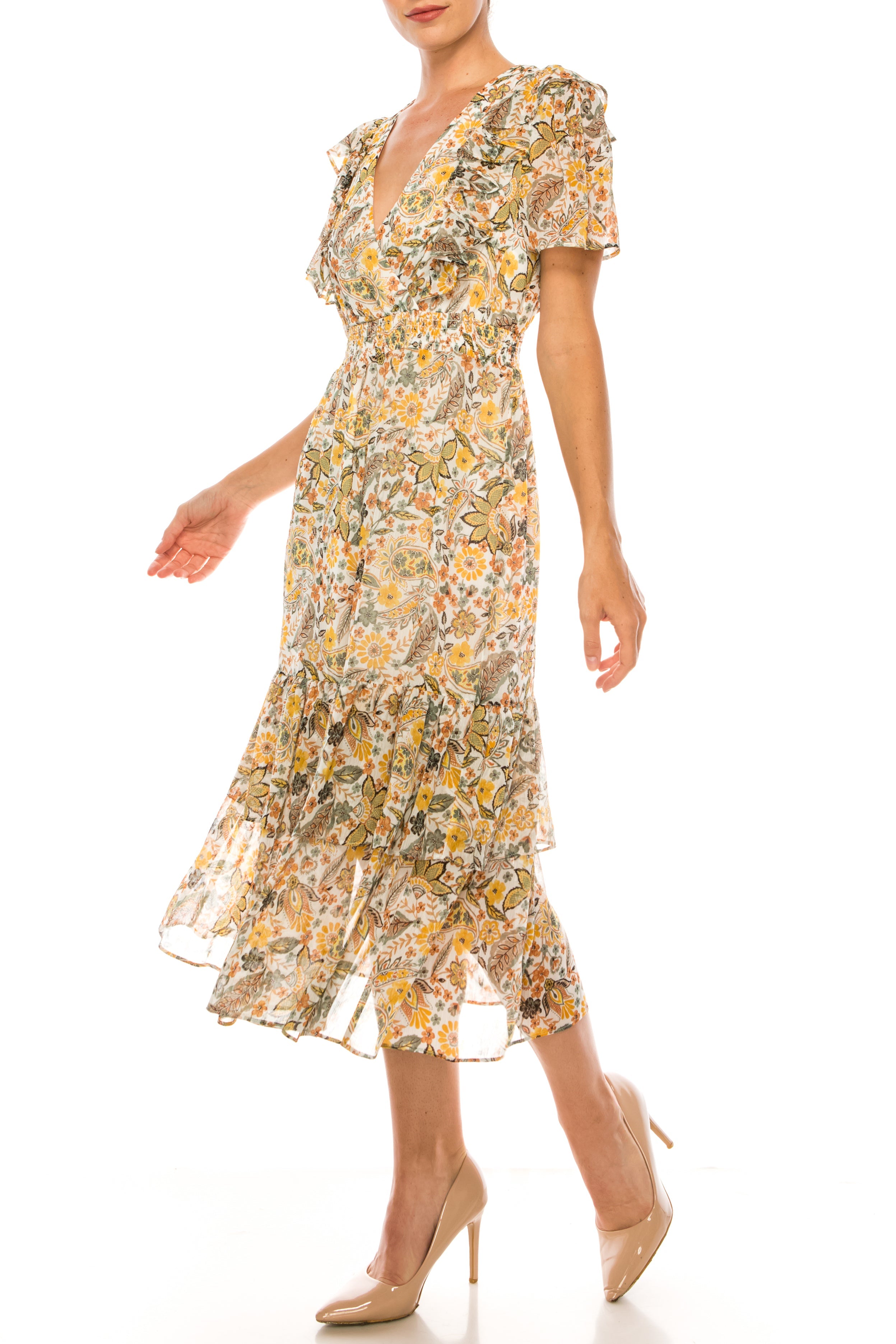 Orange Multi Floral Print Short Sleeve Midi A-Line Dress by Donna Morgan D7662M