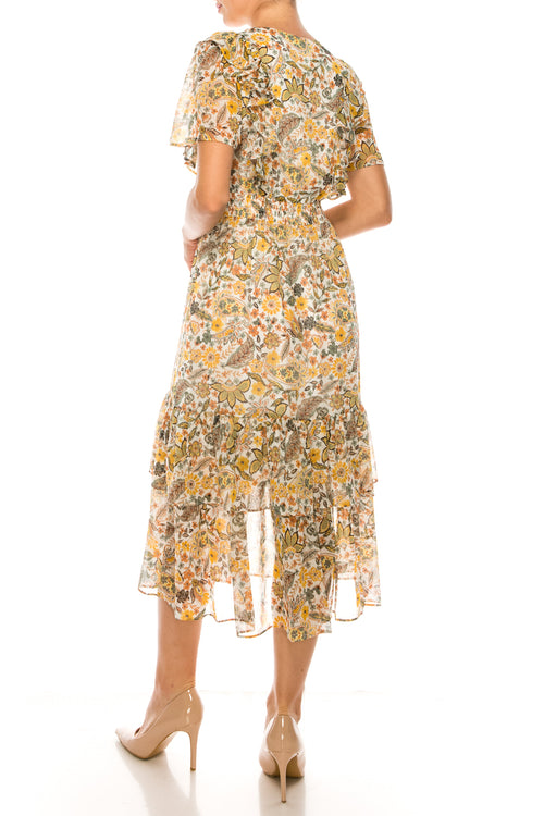 Orange Multi Floral Print Short Sleeve Midi A-Line Dress by Donna Morgan D7662M