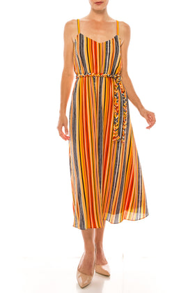 Sweetheart Neck Soft White Orange Spaghetti Strap Striped Midi A-Line Dress by Donna Morgan D7666M