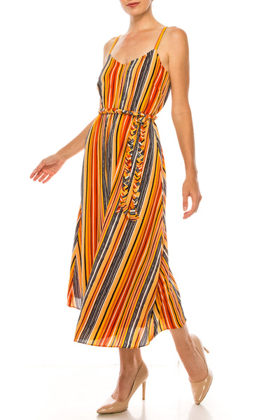 Sweetheart Neck Soft White Orange Spaghetti Strap Striped Midi A-Line Dress by Donna Morgan D7666M