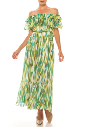 Soft White Avocado Multi Print Midi A-Line Dress by Donna Morgan D7688M
