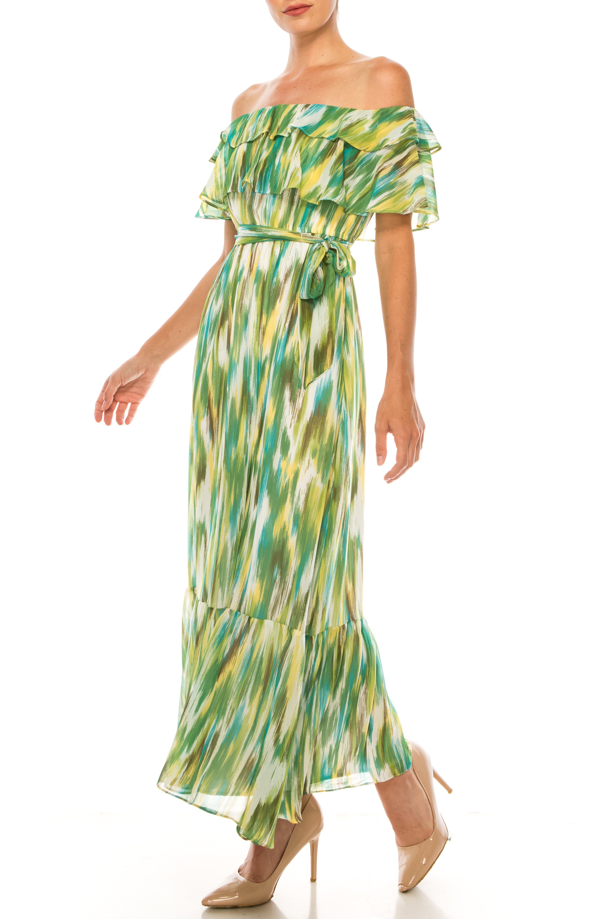 Soft White Avocado Multi Print Midi A-Line Dress by Donna Morgan D7688M