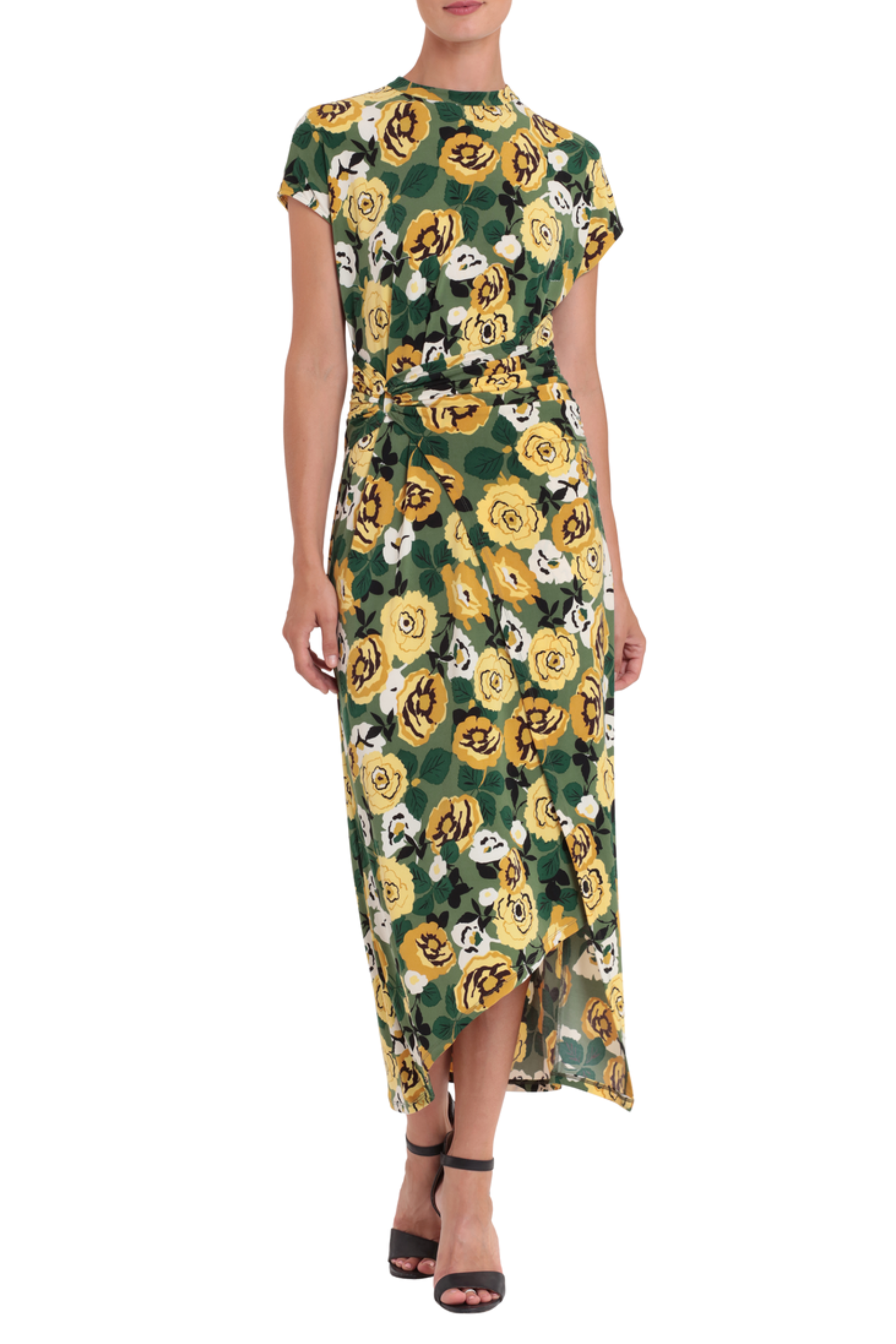 Short Sleeve Garden Green Sunshine Floral Print Hi-Lo Midi Dress by Donna Morgan D7773M