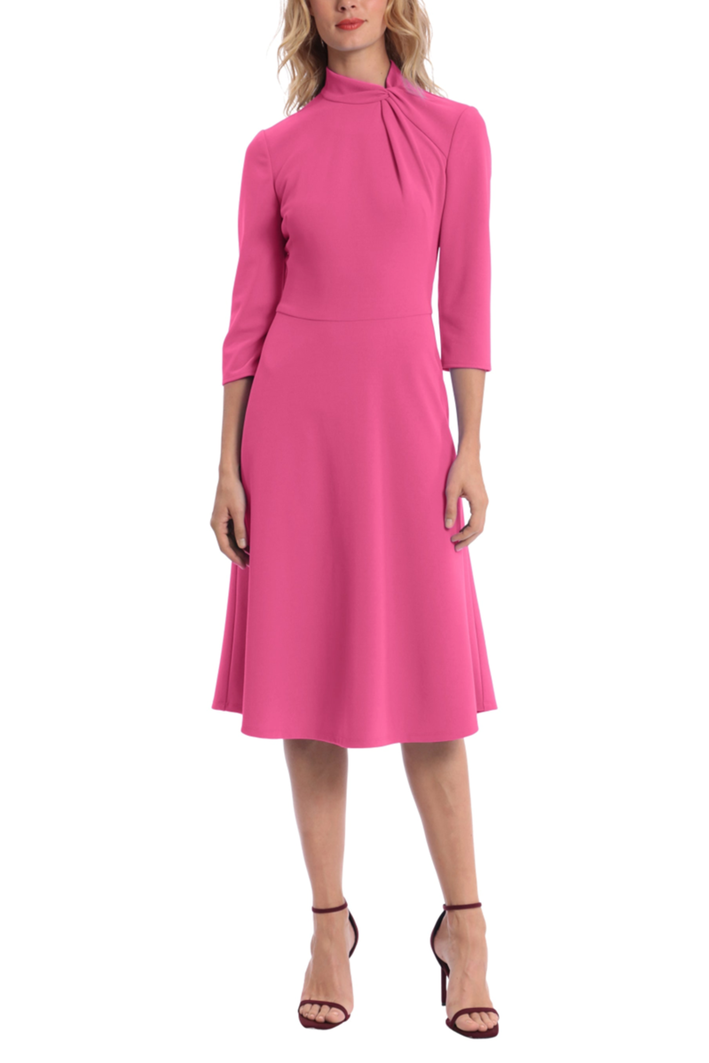 Energy Pink Twisted Mock Neck 3/4 Sleeve Knee-Length A-Line Dress by Donna Morgan D7886M