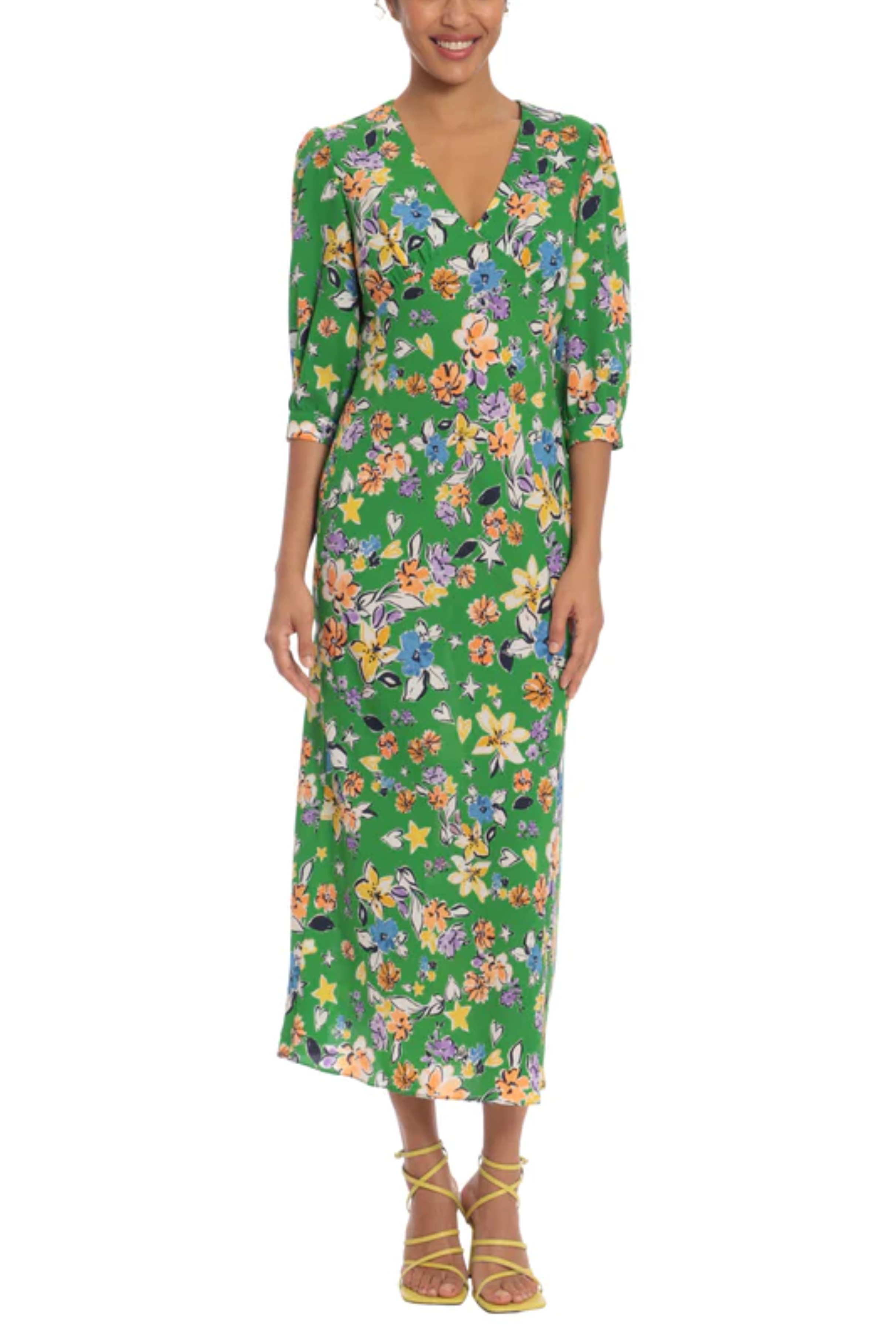 Green Yellow 3/4 Sleeve Floral Print Empire Midi Dress by Donna Morgan D7997M