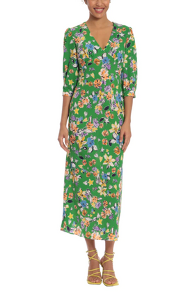 Green Yellow 3/4 Sleeve Floral Print Empire Midi Dress by Donna Morgan D7997M