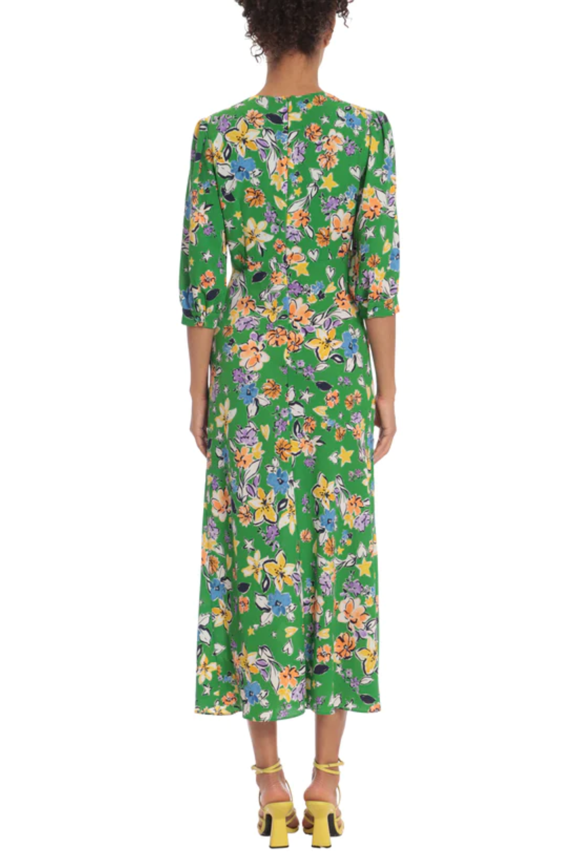 Green Yellow 3/4 Sleeve Floral Print Empire Midi Dress by Donna Morgan D7997M