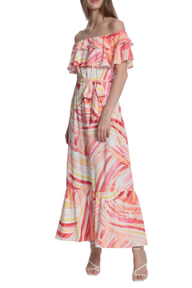 Coral Swirl Print Ruffle Off The Shoulder Tiered Maxi Dress by Donna Morgan D8002M