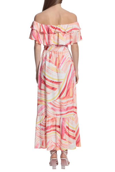 Coral Swirl Print Ruffle Off The Shoulder Tiered Maxi Dress by Donna Morgan D8002M