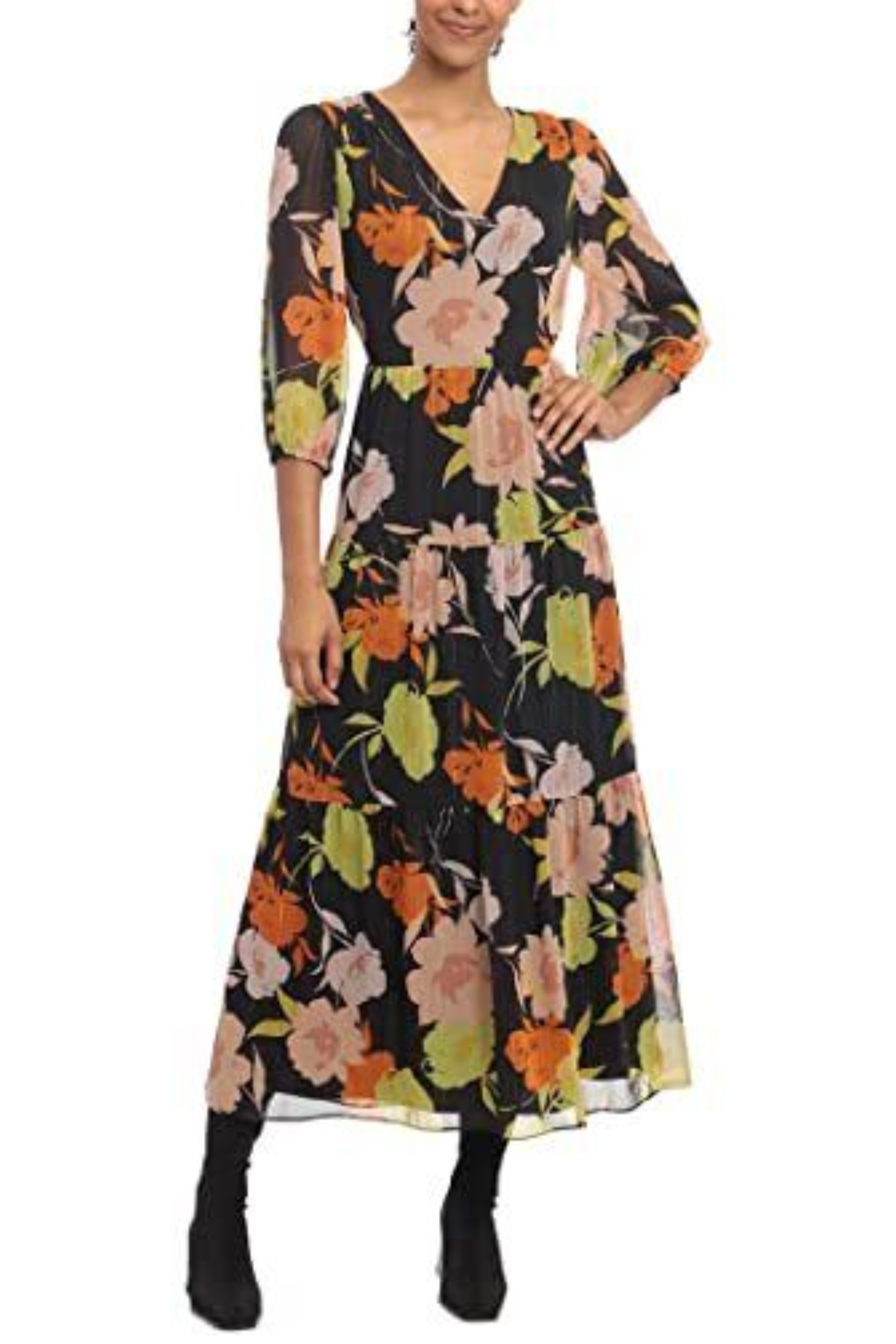 Black Peach Long Sleeve Floral Tiered Dress by Donna Morgan D8120M