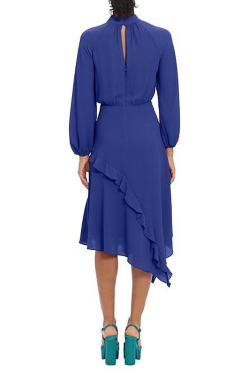 Blue Balloon Sleeve Keyhole Neck Long Sleeve Mock Neck Ruffle A-Line Dress by Donna Morgan D8127M