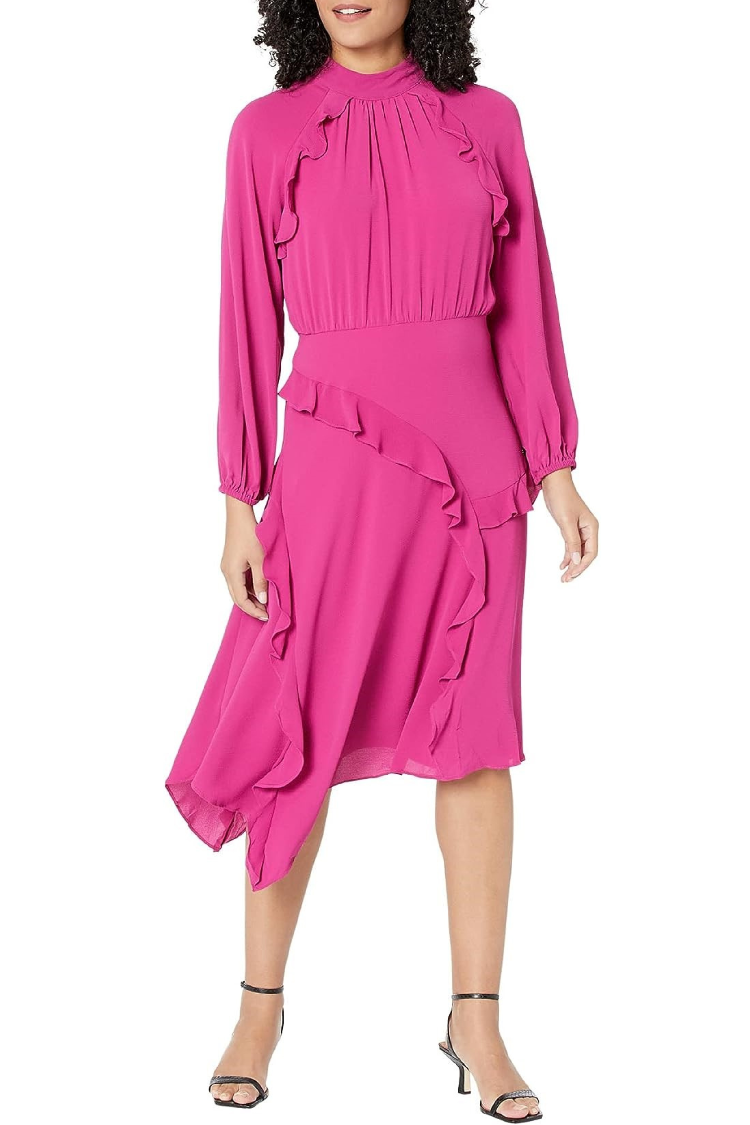 donna morgan a line dress D8127M Fuschia Balloon Sleeve Keyhole Neck Long Sleeve Mock Neck Ruffle A-Line Floral Colors:Amber Web Collection: Modern Femininity Vintage Black and Green Imported and designed with