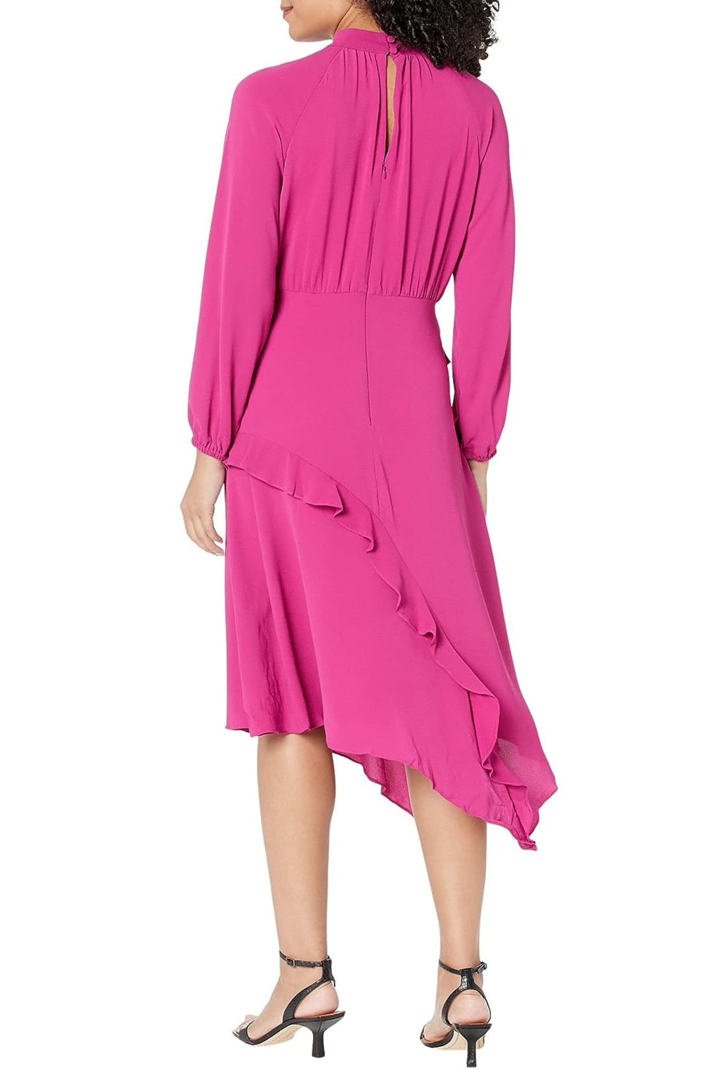 Fuschia Balloon Sleeve Keyhole Neck Long Sleeve Mock Neck Ruffle A-Line Dress by Donna Morgan D8127M