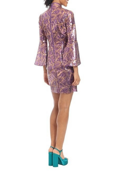 Purple Swirl Swirl Sequin Bell Sleeve Party Short Dress by Donna Morgan D8153M