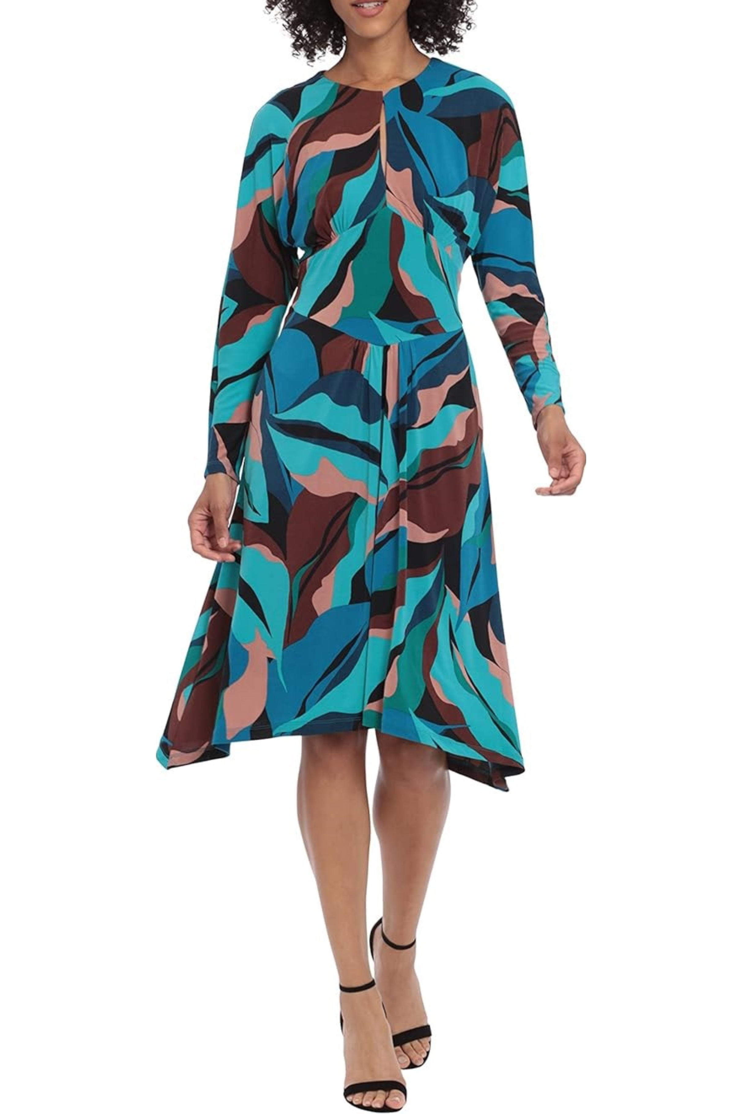Black Teal Long Sleeve Round Neck Printed Midi A-Line Dress by Donna Morgan D8169M