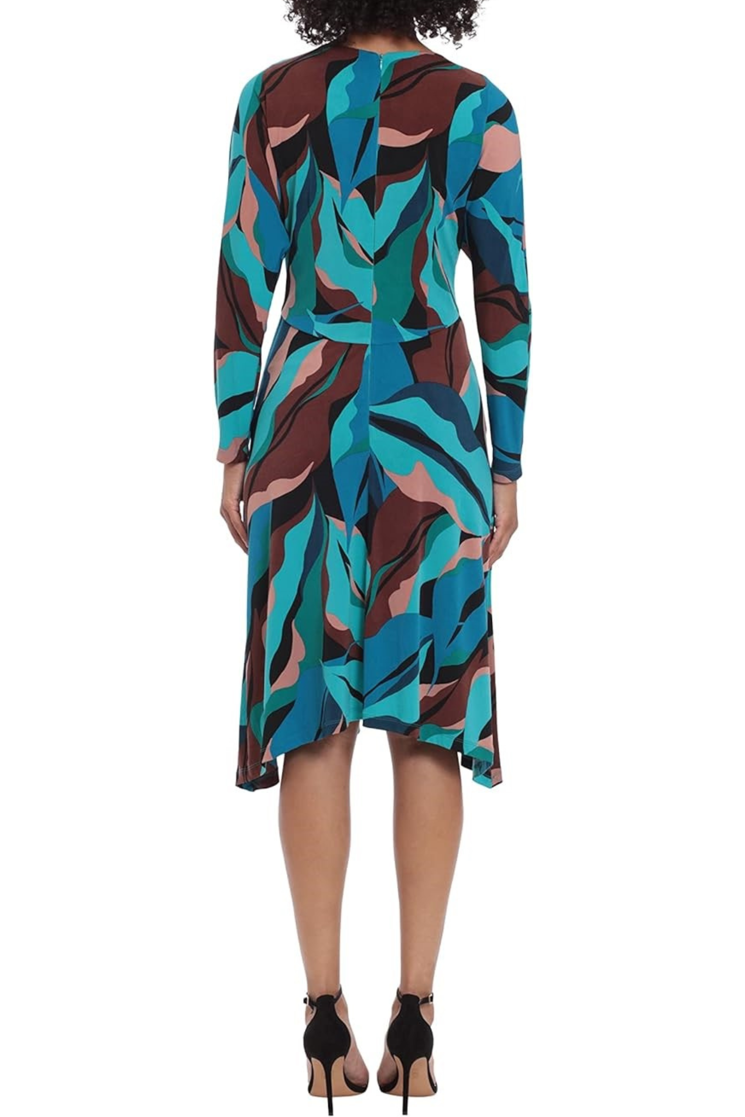 Black Teal Long Sleeve Round Neck Printed Midi A-Line Dress by Donna Morgan D8169M