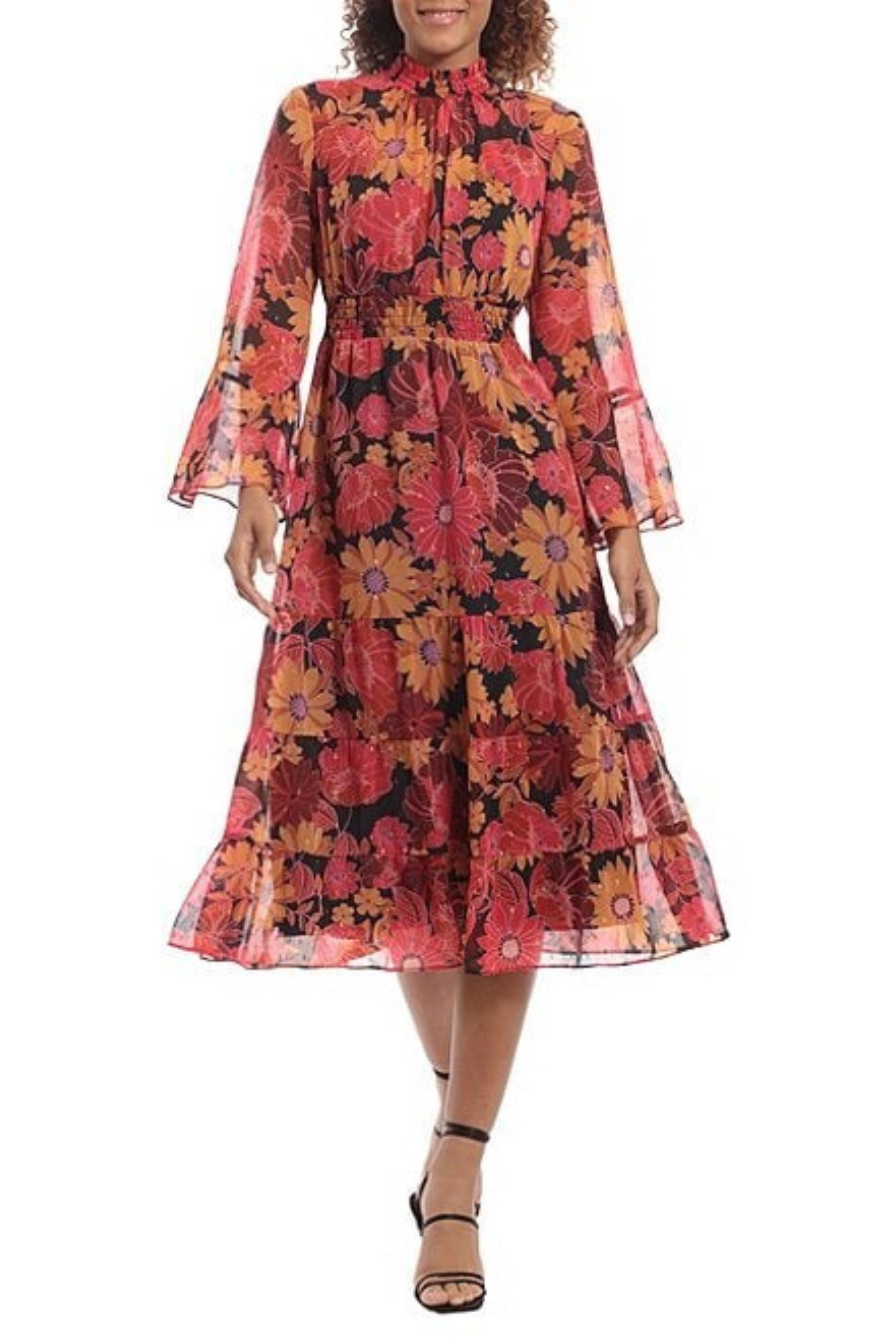Black Hot Coral Floral Mock Neck Tiered Ruffle A-Line Midi Dress by Donna Morgan D8190M