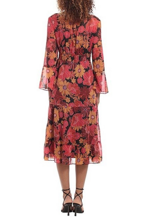 Black Hot Coral Floral Mock Neck Tiered Ruffle A-Line Midi Dress by Donna Morgan D8190M