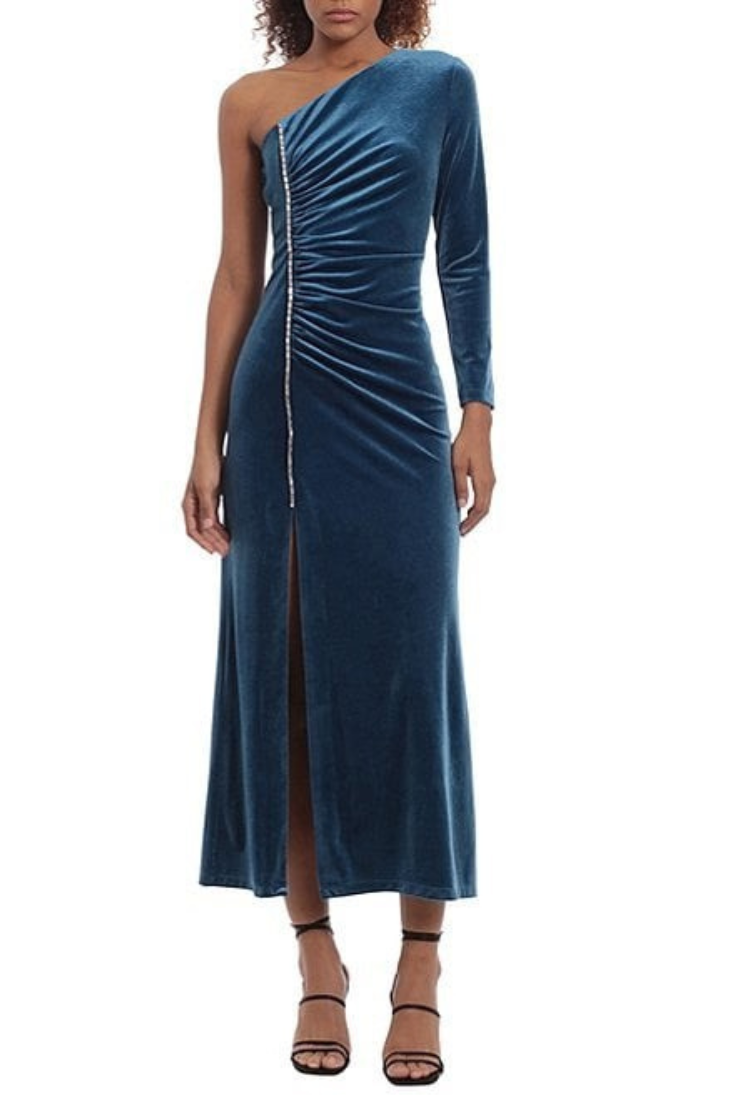 Poseidon Velvet One Shoulder Embellished Front Slit Midi Dress by Donna Morgan D8224M