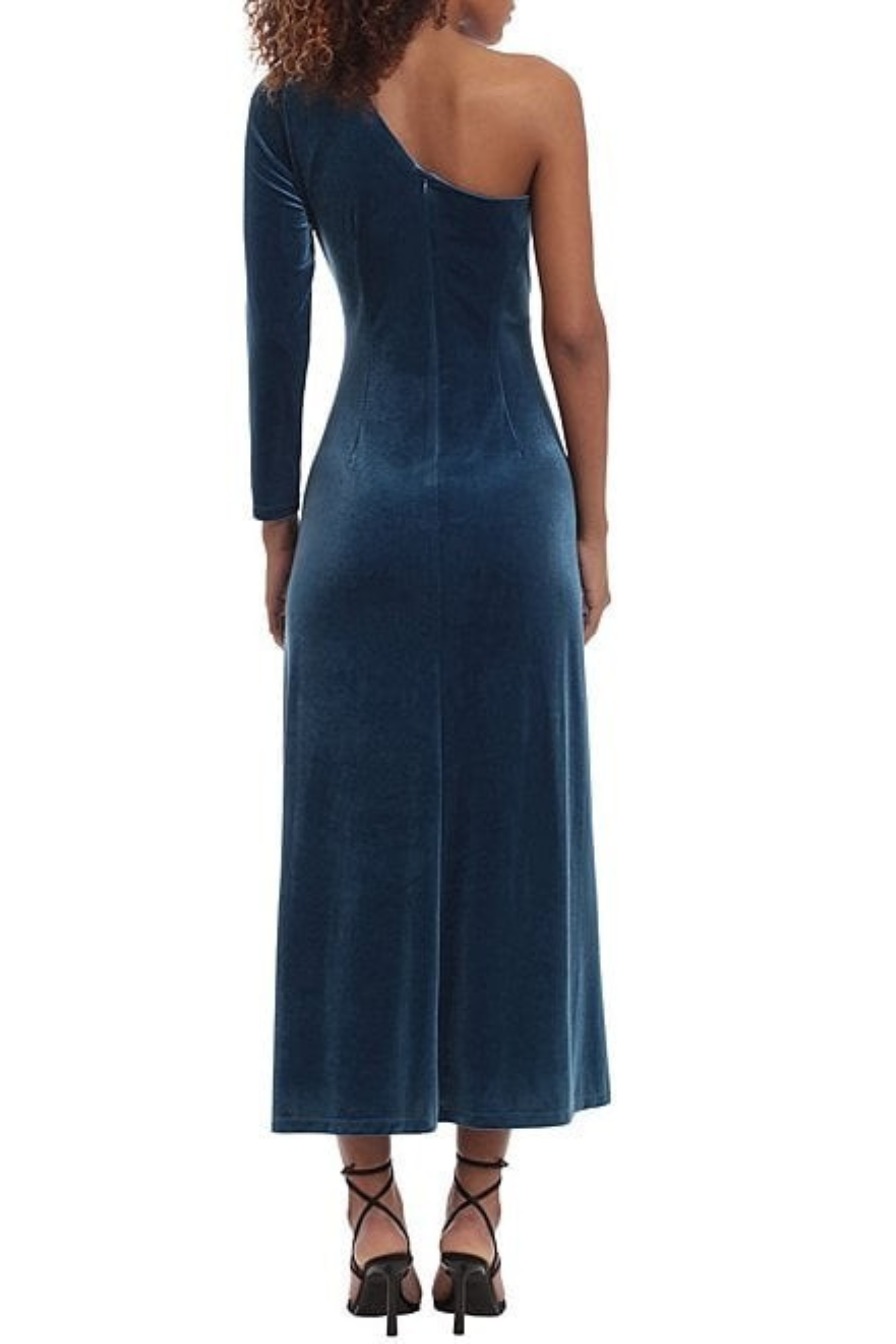 Poseidon Velvet One Shoulder Embellished Front Slit Midi Dress by Donna Morgan D8224M