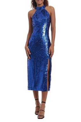Skydiver Full Sequin Halter Front Slit Midi Party Dress by Donna Morgan D8228M