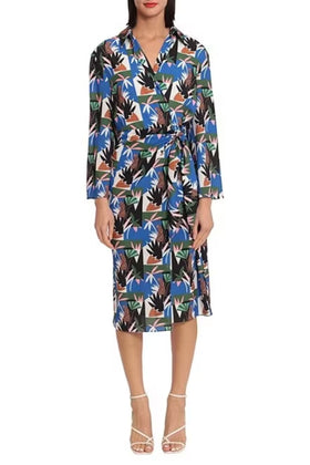 Jungle Blue Long Sleeve Jungle Print Wrap Knee-Length Dress by Donna Morgan D8248M