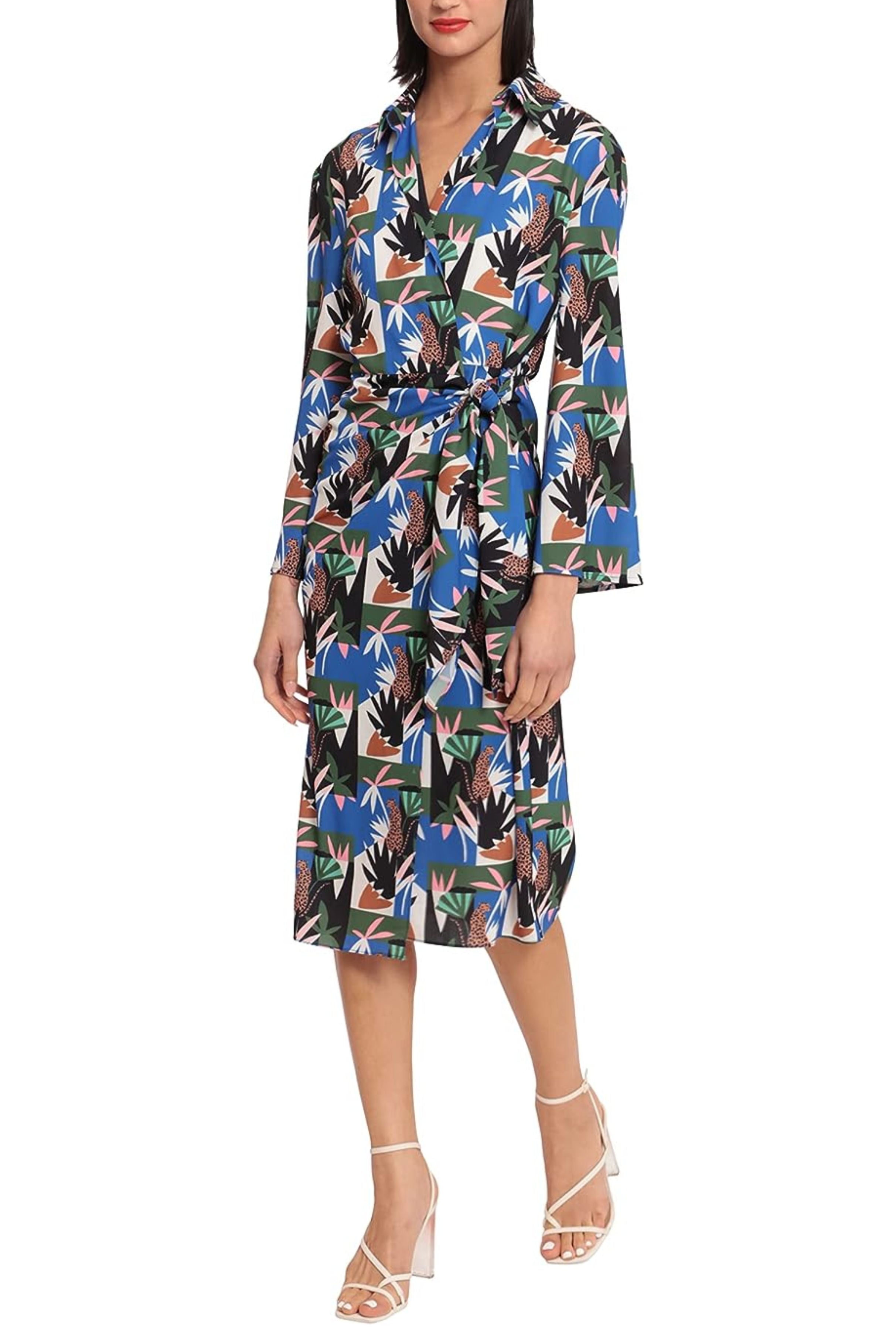 Jungle Blue Long Sleeve Jungle Print Wrap Knee-Length Dress by Donna Morgan D8248M