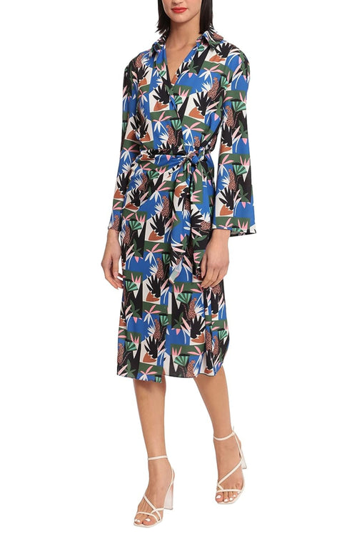 Jungle Blue Long Sleeve Jungle Print Wrap Knee-Length Dress by Donna Morgan D8248M