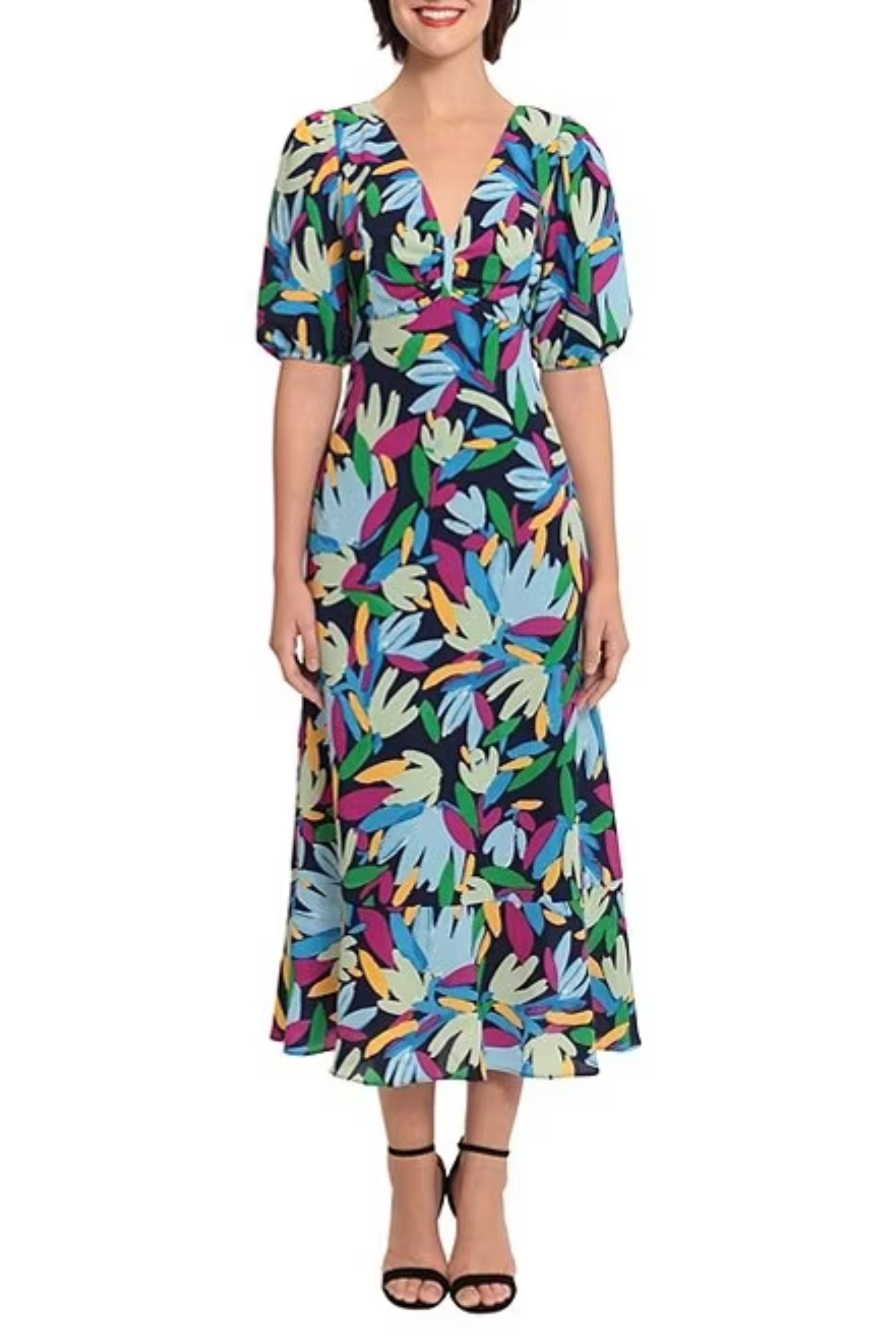 Donna Morgan D8256M Navy Lt Blue Short Sleeve Leaf Print Midi A-Line