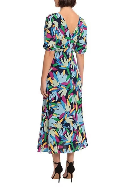 Navy Lt Blue Short Sleeve Leaf Print Midi A-Line Dress by Donna Morgan D8256M