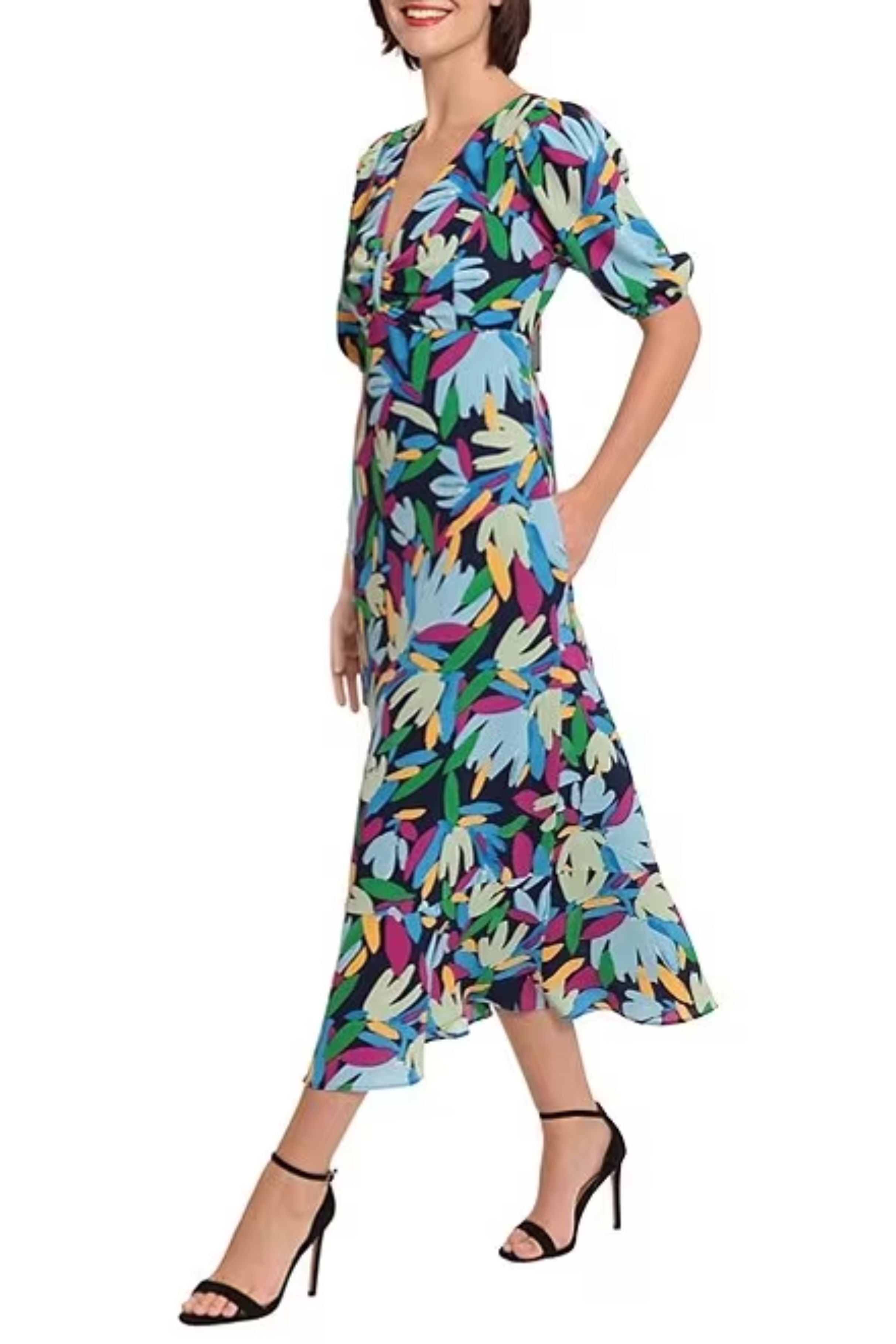 Navy Lt Blue Short Sleeve Leaf Print Midi A-Line Dress by Donna Morgan D8256M