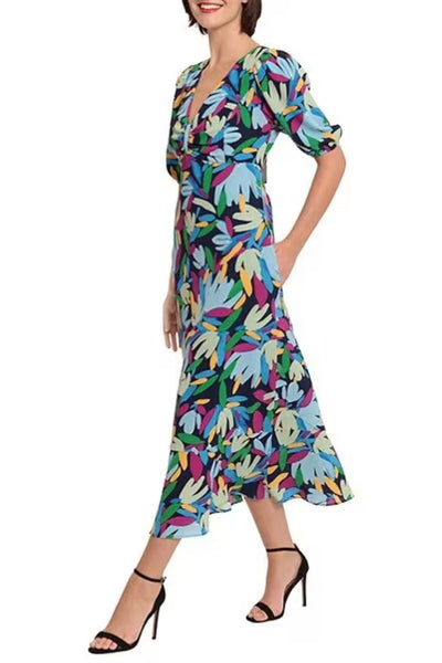 Navy Lt Blue Short Sleeve Leaf Print Midi A-Line Dress by Donna Morgan D8256M