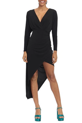 Black Long Sleeve Faux Wrap Oblique Evening Dress by Donna Morgan D8259M