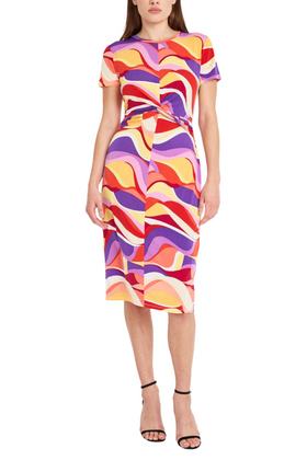 White Byza Multicolored Cap Sleeve Midi Dress by Donna Morgan D8304M