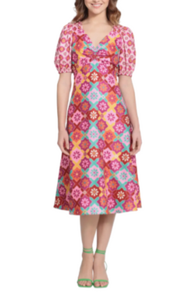 Soft Wht Pink Floral Short Sleeve A-Line Long Dress by Donna Morgan D8308M