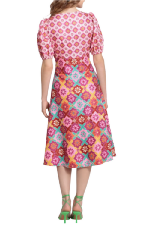 Soft Wht Pink Floral Short Sleeve A-Line Long Dress by Donna Morgan D8308M