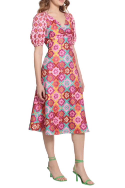 Soft Wht Pink Floral Short Sleeve A-Line Long Dress by Donna Morgan D8308M