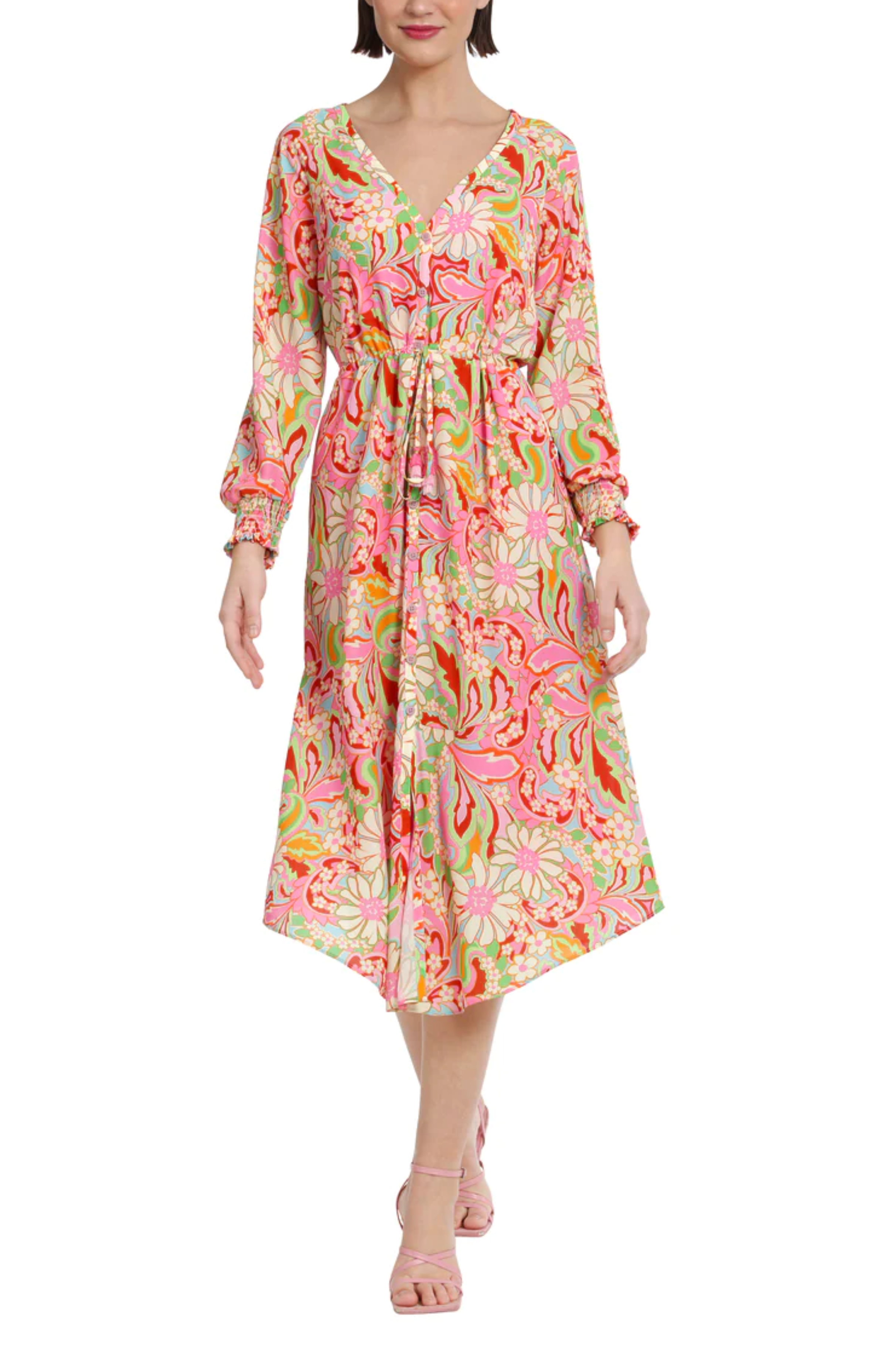 Aqua Red Long Sleeve Floral Midi Dress by Donna Morgan D8374M