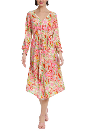 Aqua Red Long Sleeve Floral Midi Dress by Donna Morgan D8374M