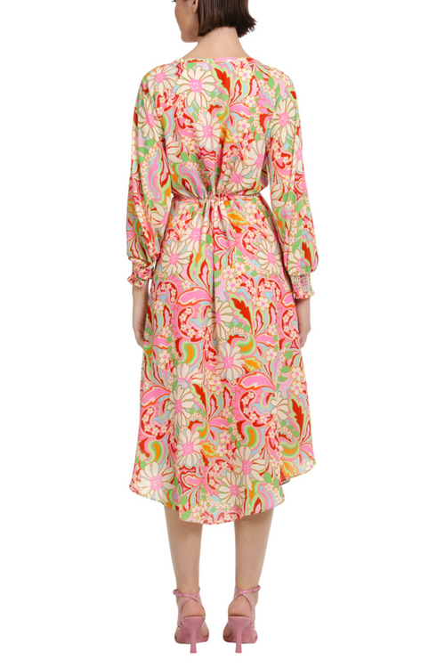 Aqua Red Long Sleeve Floral Midi Dress by Donna Morgan D8374M