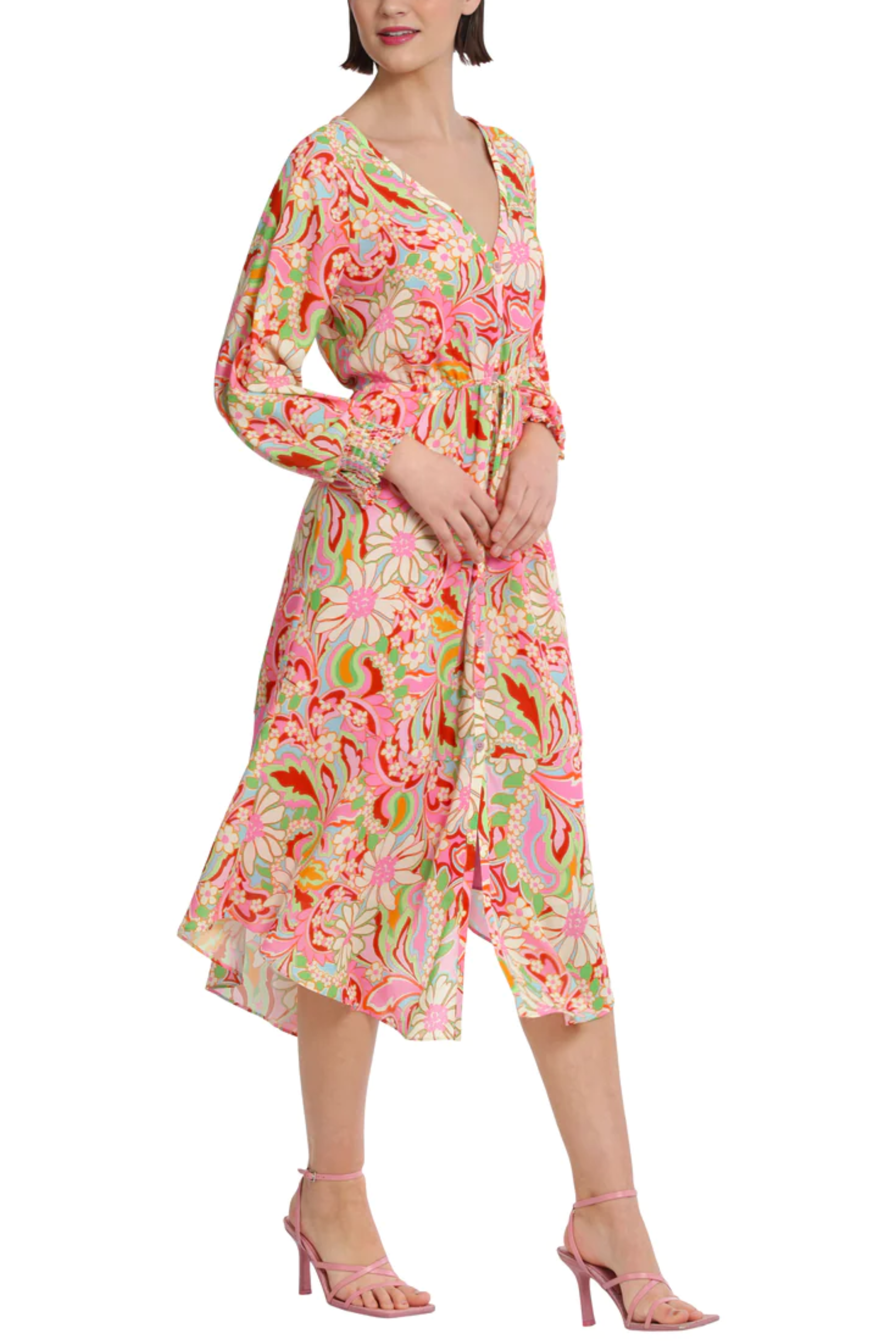 Aqua Red Long Sleeve Floral Midi Dress by Donna Morgan D8374M