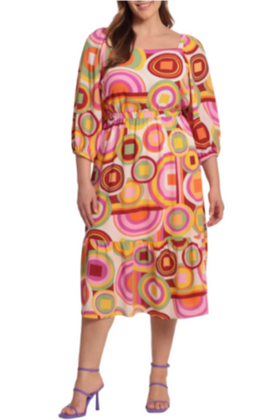 Cream Orange Abstract Print 3/4 Sleeve Midi Dress by Donna Morgan D8417M