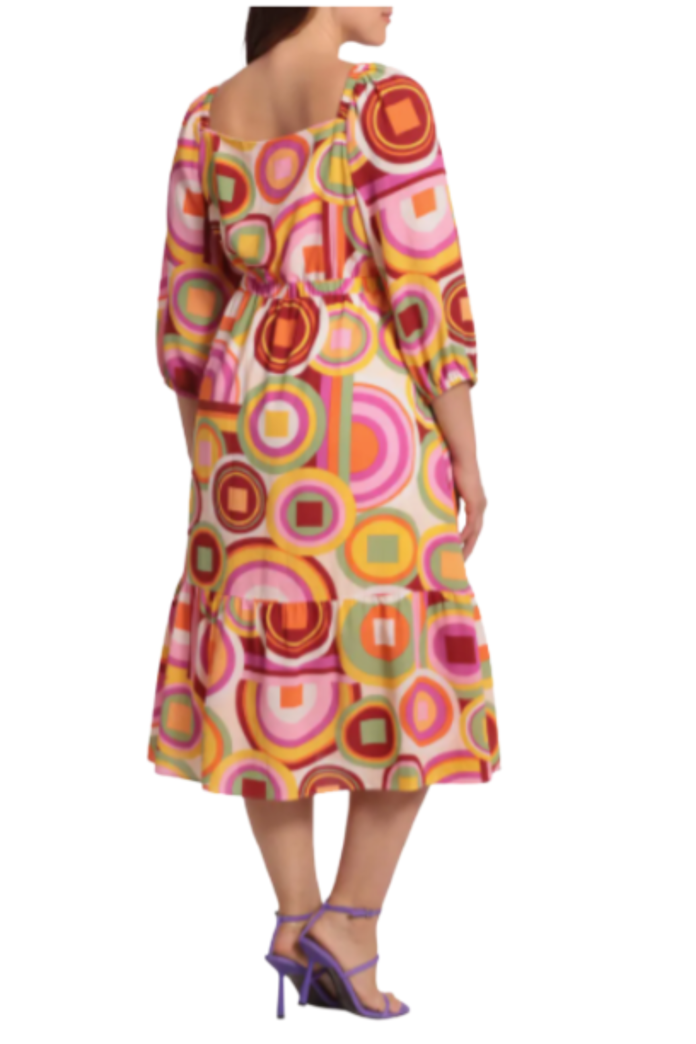 Cream Orange Abstract Print 3/4 Sleeve Midi Dress by Donna Morgan D8417M