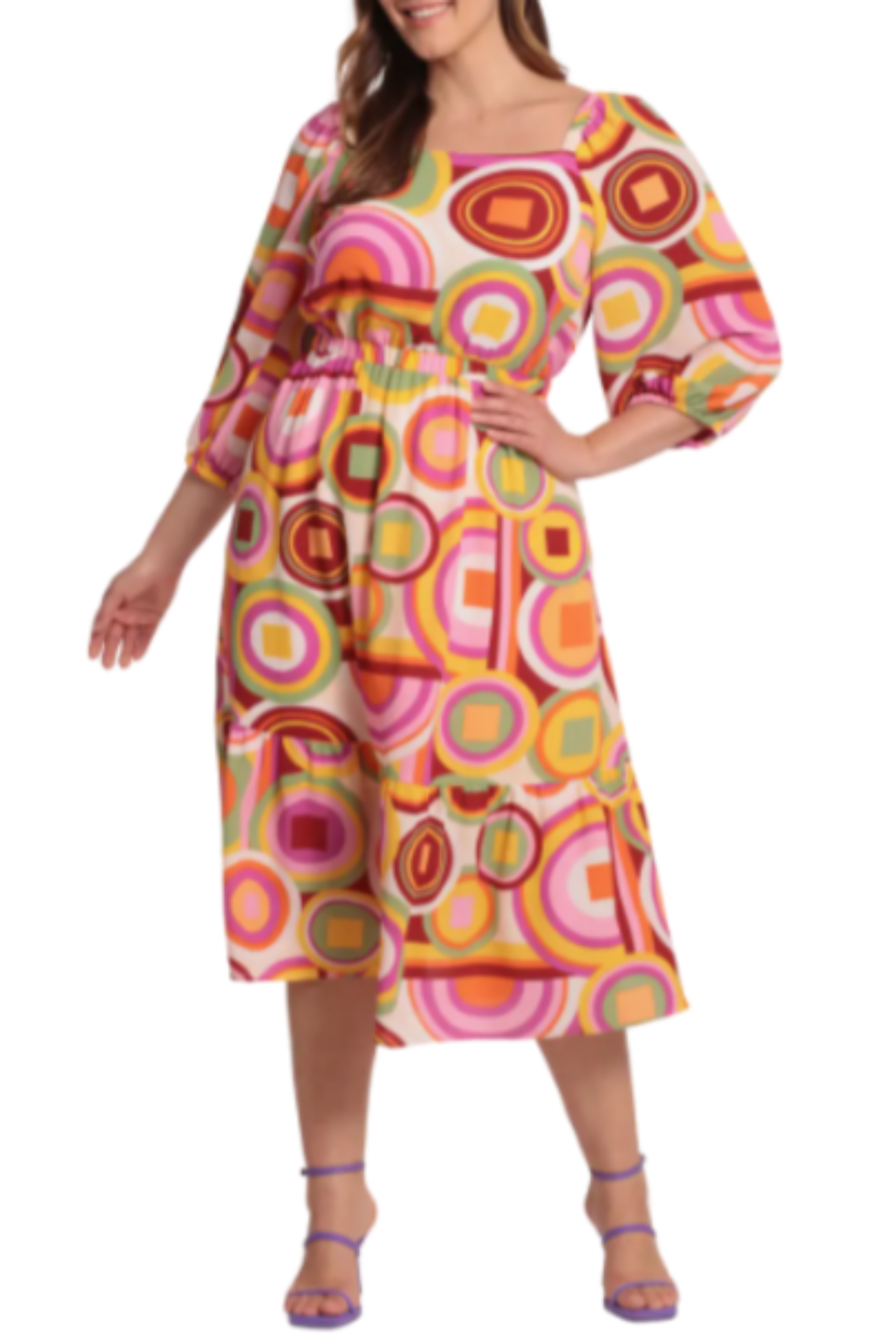 Cream Orange Abstract Print 3/4 Sleeve Midi Dress by Donna Morgan D8417M