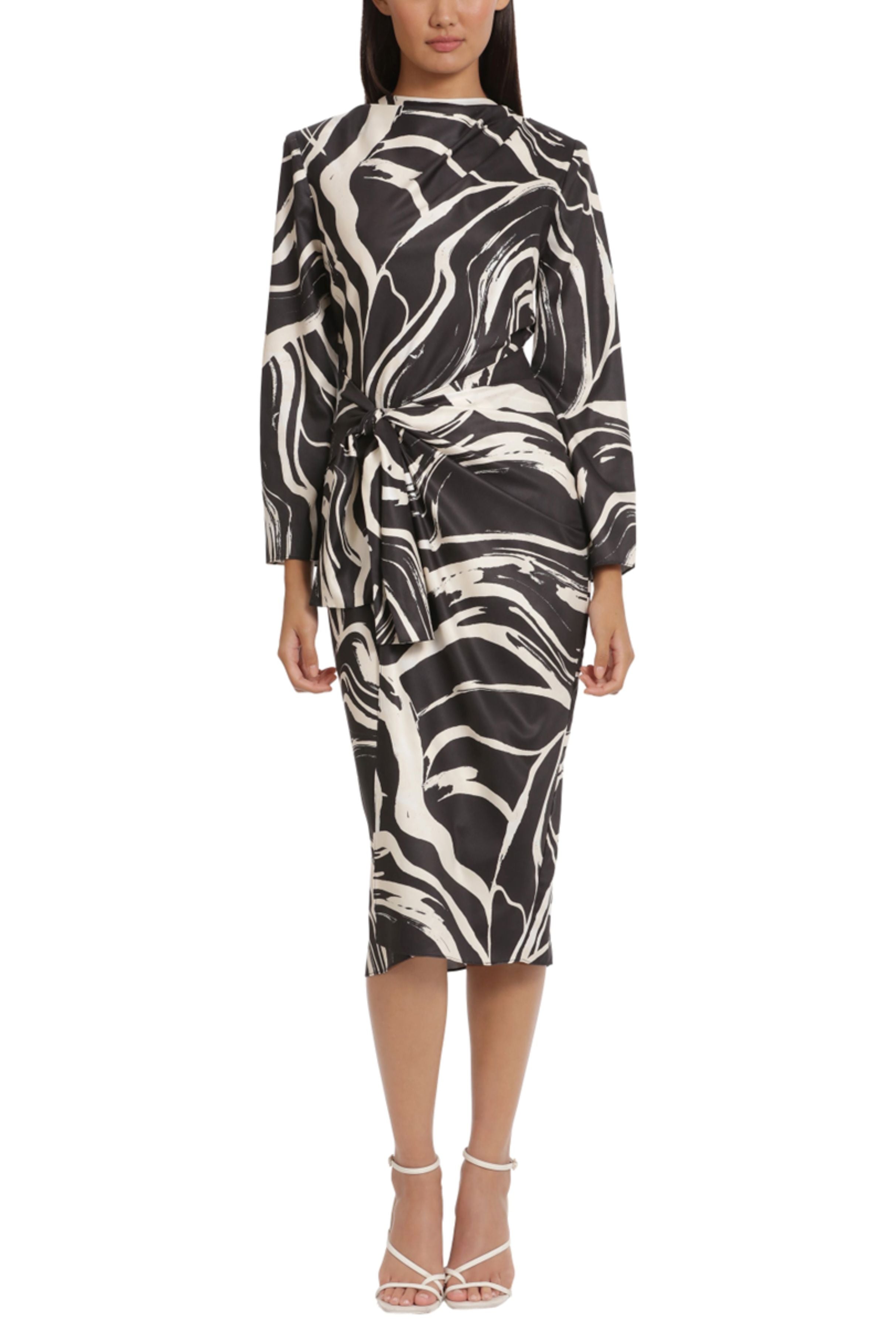 Black Cream Tied Waist Marble Print Midi Wrap Dress by Donna Morgan D8441M