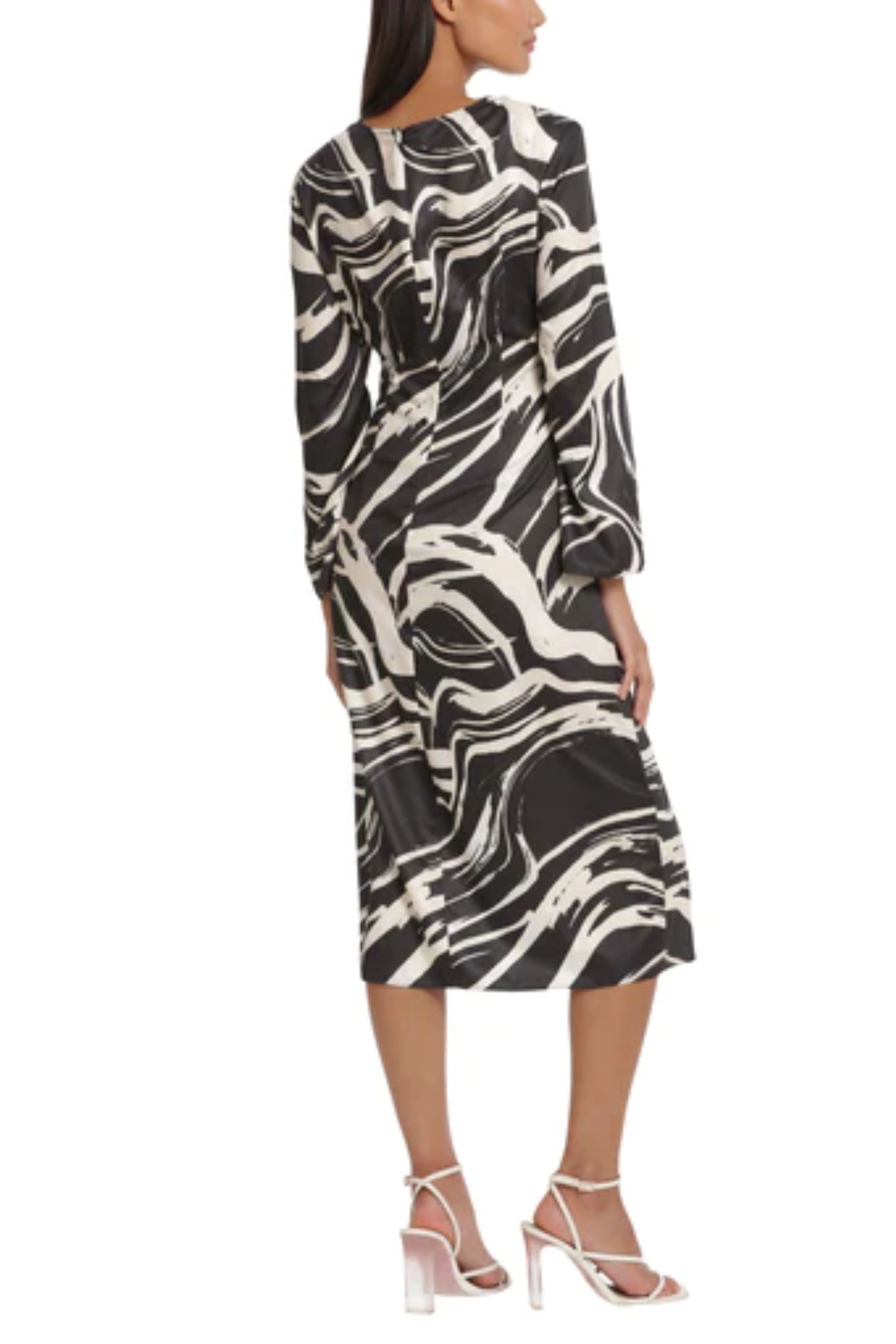 Black Cream Tied Waist Marble Print Midi Wrap Dress by Donna Morgan D8441M